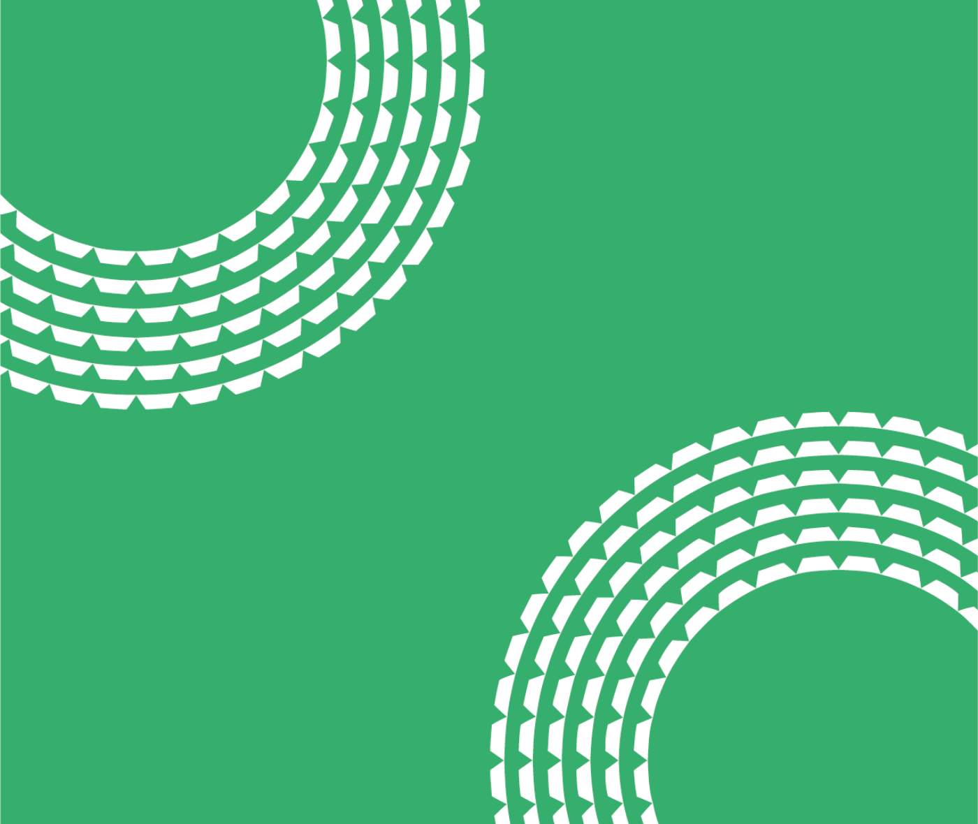 Two white patterned circles in the top left and bottom right corners on a green background.