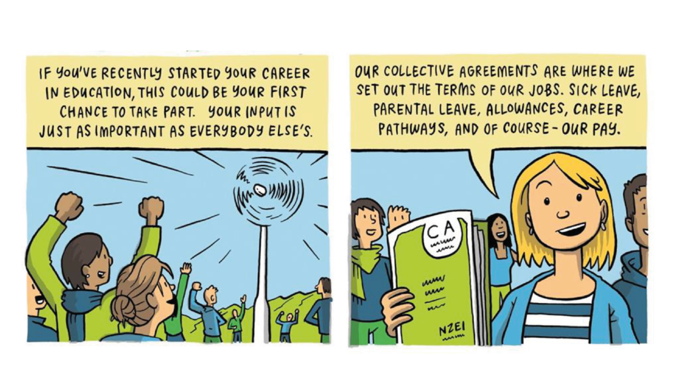 Illustration one: People cheering at a moving wind turbine. Text reads: If you've recently started your career in education, this could be your first chance to take part. Your input is just as important as everybody else's.
Illustration two: A woman stands holding up a copy of a collective agreement. Our collective agreements are where we set out the terms of our jobs. Sick leave, parental leave, allowances, career pathways, and of course, our pay.