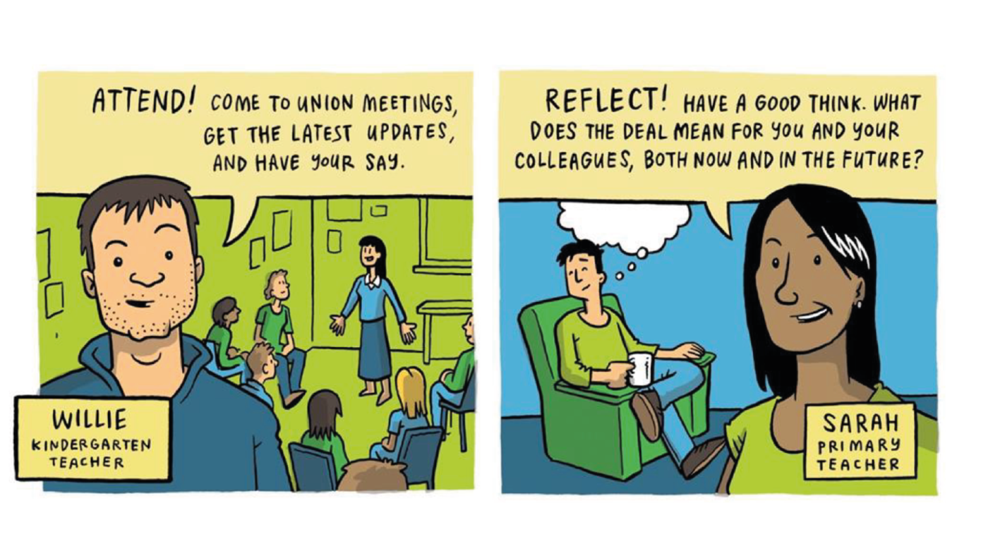 Illustration one: Willie, a kindergarten teacher, says: "Attend! Come to union meetings. Get the latest updates, and have your say. 
Illustration two: Sarah, a primary teacher, says: "Reflect! Have a good think. what does the deal mean for you and your colleagues, both now and in the future?