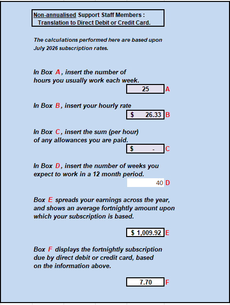 screetshot of the support staff calculator showing that 25 hours per week at a rate of 26.33 would have a subs rate of 7.70 per fortnight when annualised (assuming 40 weeks of work)
